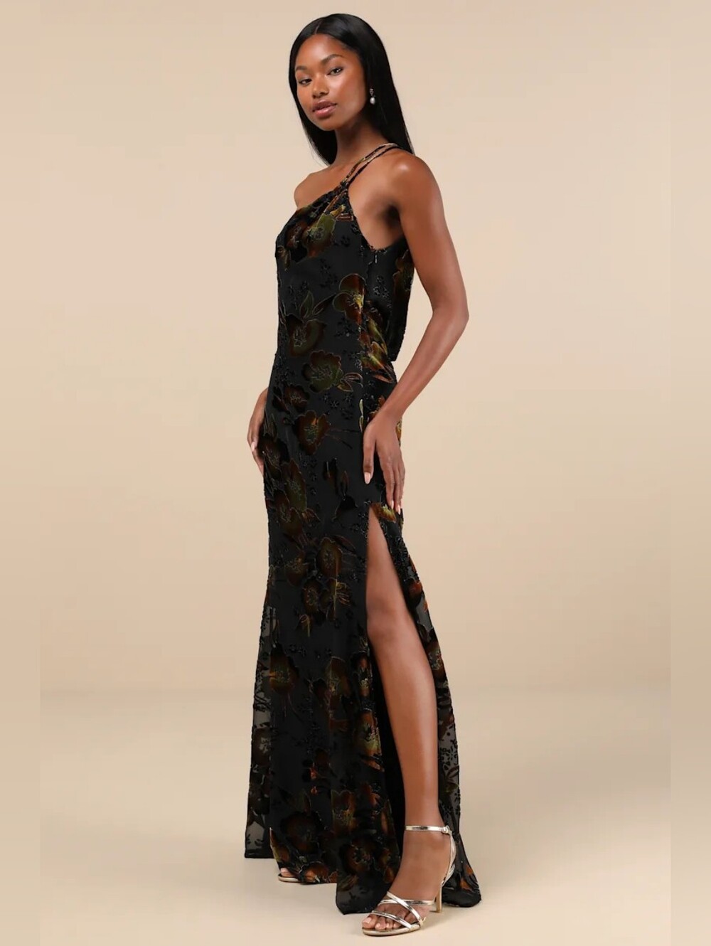 Lulus Ethereal Entrance Black Velvet Burnout One-Shoulder Maxi Dress XS Wedding - Picture 4 of 10